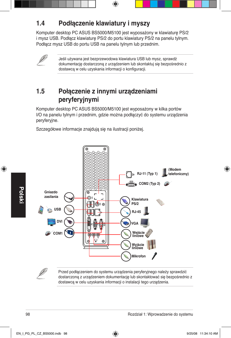 4 podłączenie klawiatury i myszy, 5 połączenie z innymi urządzeniami peryferyjnymi, Polski | Asus BS5000 User Manual | Page 99 / 148