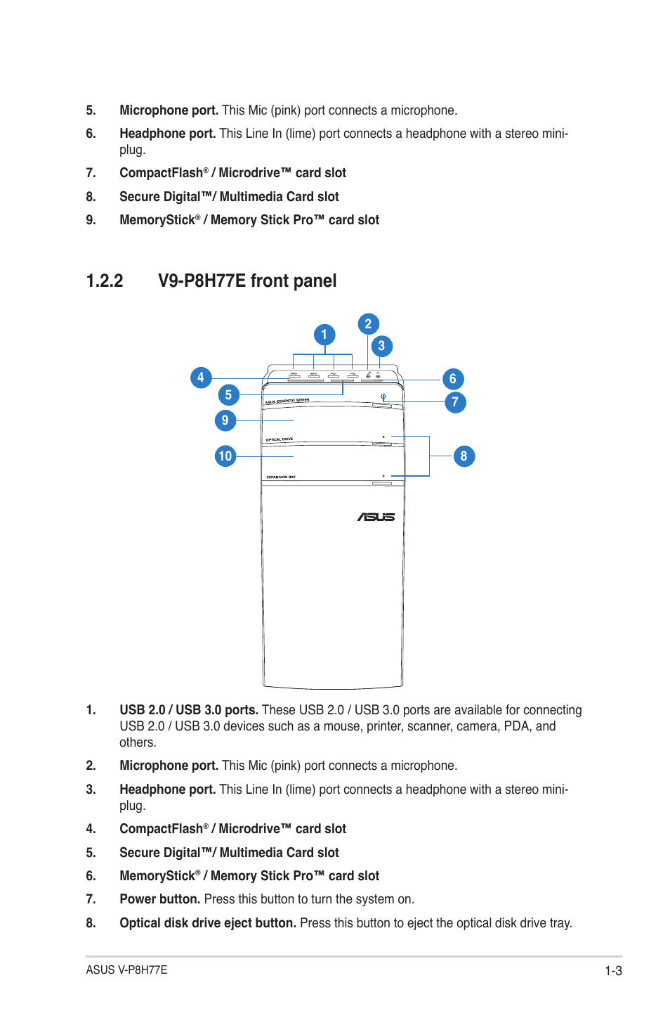 2 v9-p8h77e front panel, 2 v9-p8h77e front panel -3 | Asus V9-P8H77E User Manual | Page 13 / 90