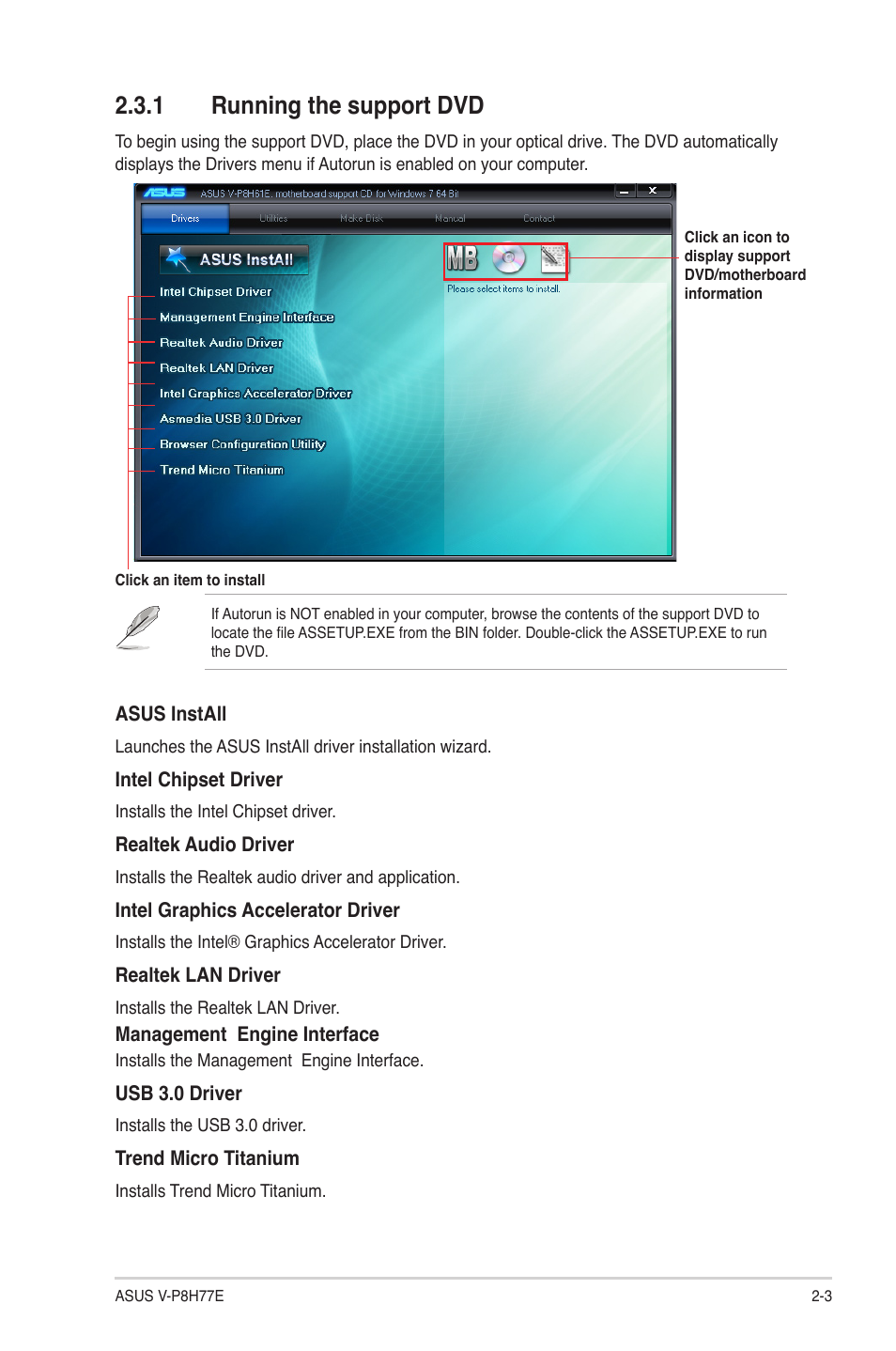 1 running the support dvd, 1 running the support dvd -3 | Asus V9-P8H77E User Manual | Page 25 / 90