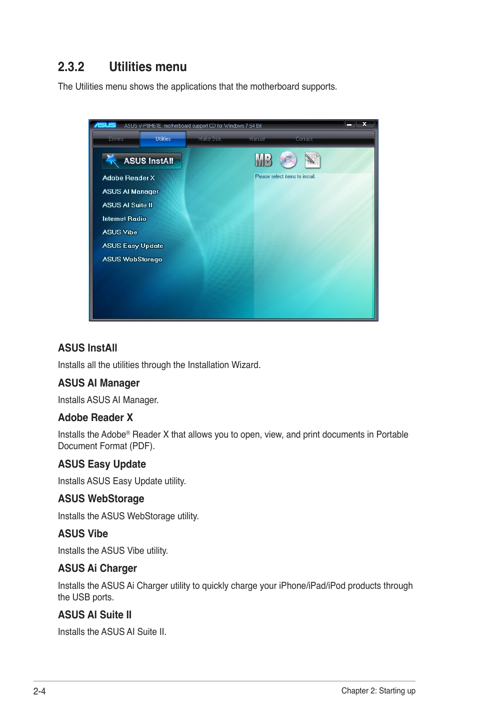 2 utilities menu, 2 utilities menu -4 | Asus V9-P8H77E User Manual | Page 26 / 90