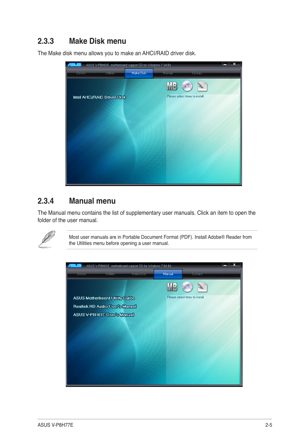 3 make disk menu, 4 manual menu, 3 make disk menu -5 2.3.4 manual menu -5 | Asus V9-P8H77E User Manual | Page 27 / 90