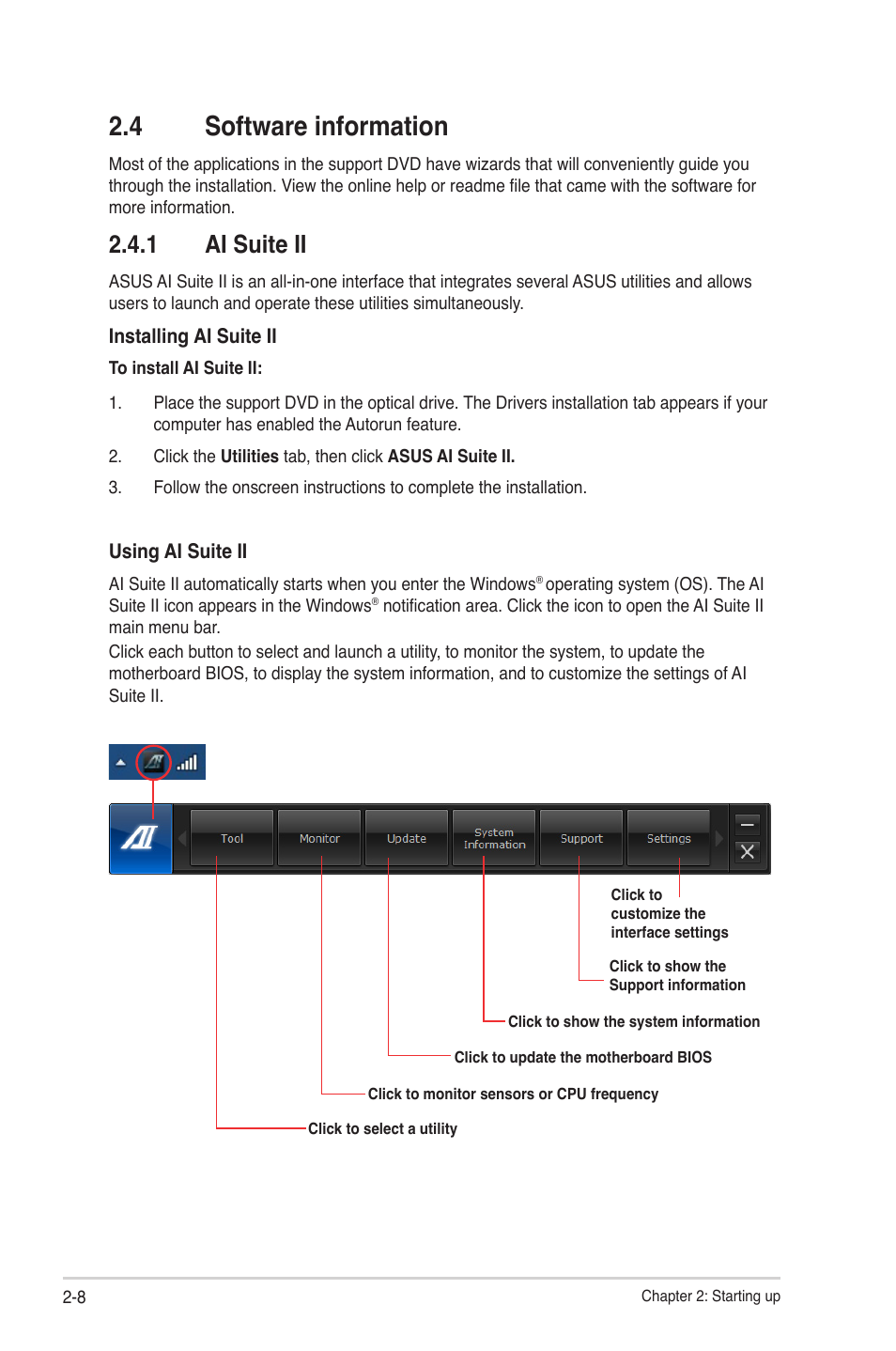 4 software information, 1 ai suite ii, 4 software information -8 | 1 ai suite ii -8 | Asus V9-P8H77E User Manual | Page 30 / 90