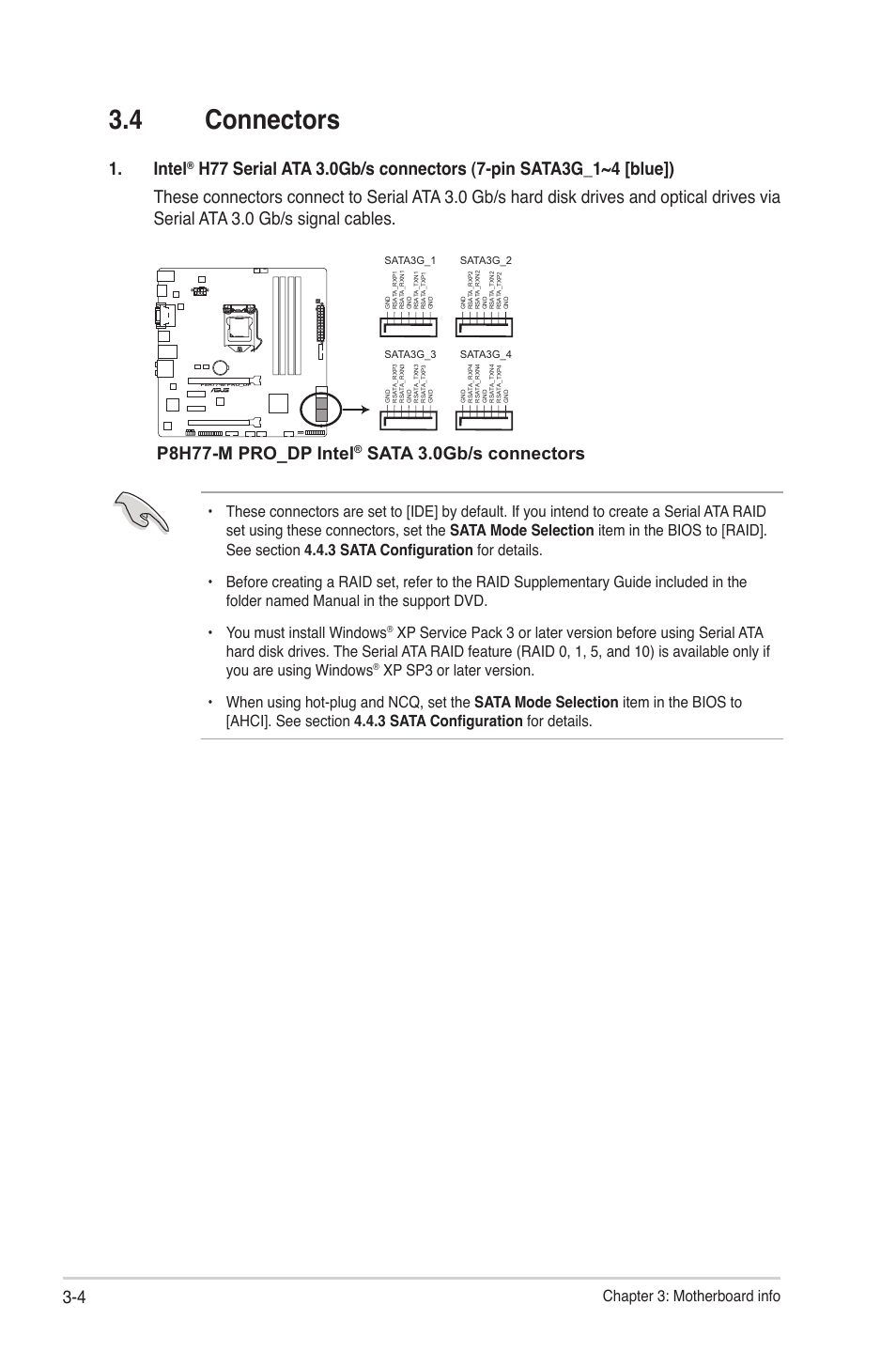 4 connectors, 4 connectors -4, Intel | P8h77-m pro_dp intel, Sata 3.0gb/s connectors, Chapter 3: motherboard info | Asus V9-P8H77E User Manual | Page 56 / 90