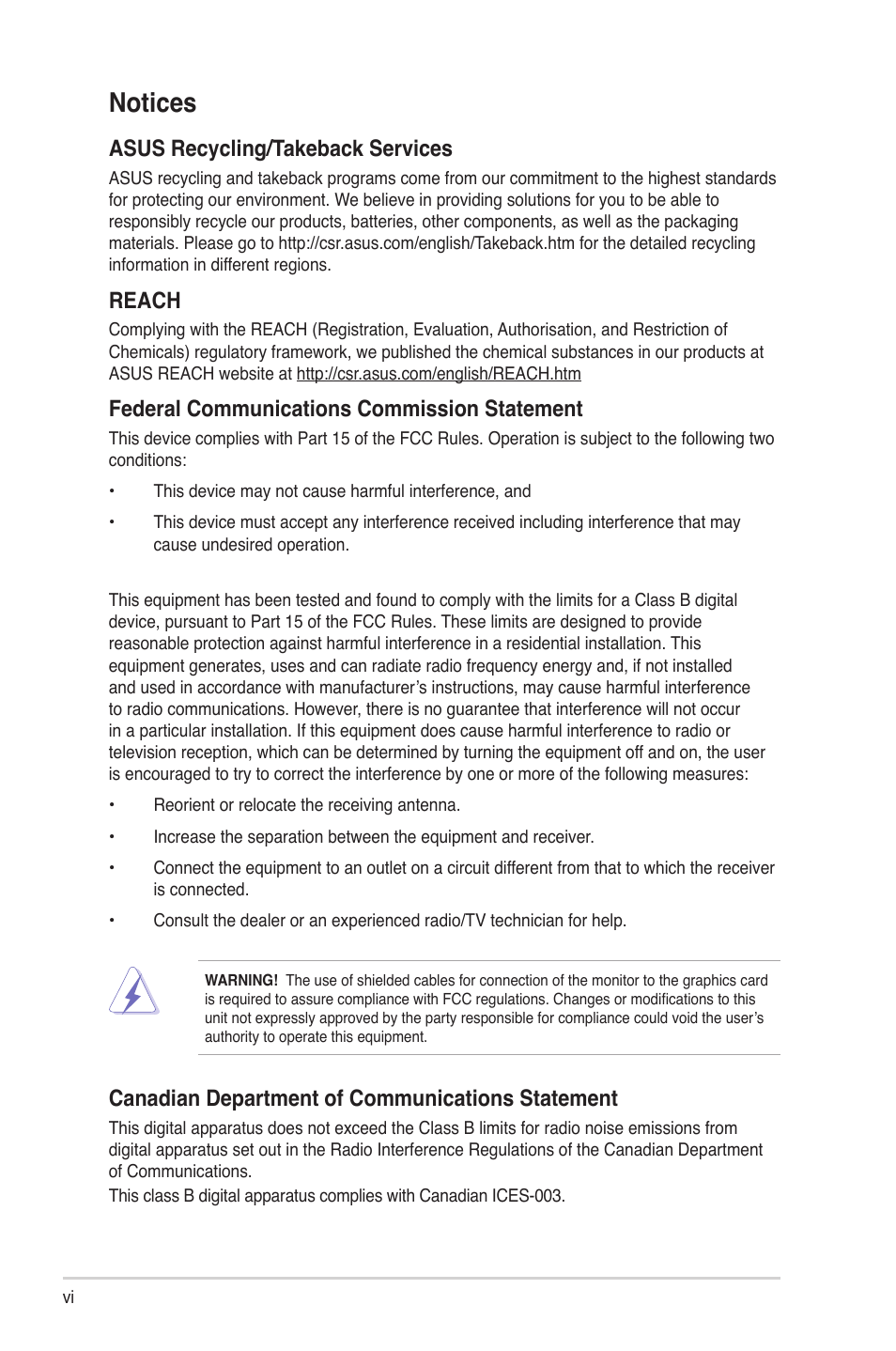 Notices, Canadian department of communications statement, Asus recycling/takeback services | Reach, Federal communications commission statement | Asus V9-P8H77E User Manual | Page 6 / 90