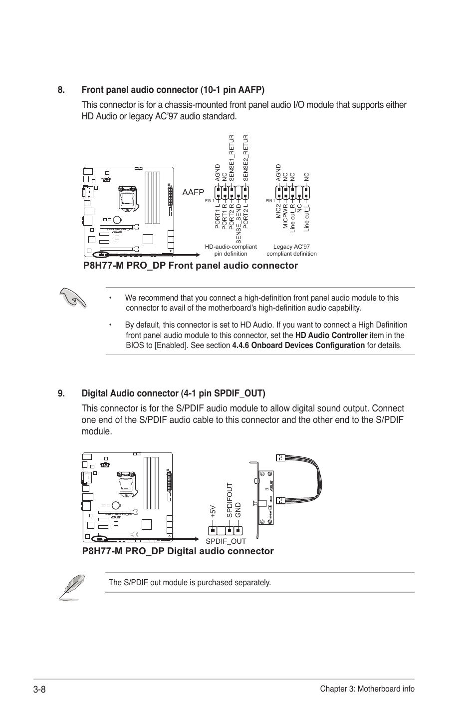 P8h77-m pro_dp front panel audio connector, P8h77-m pro_dp digital audio connector | Asus V9-P8H77E User Manual | Page 60 / 90