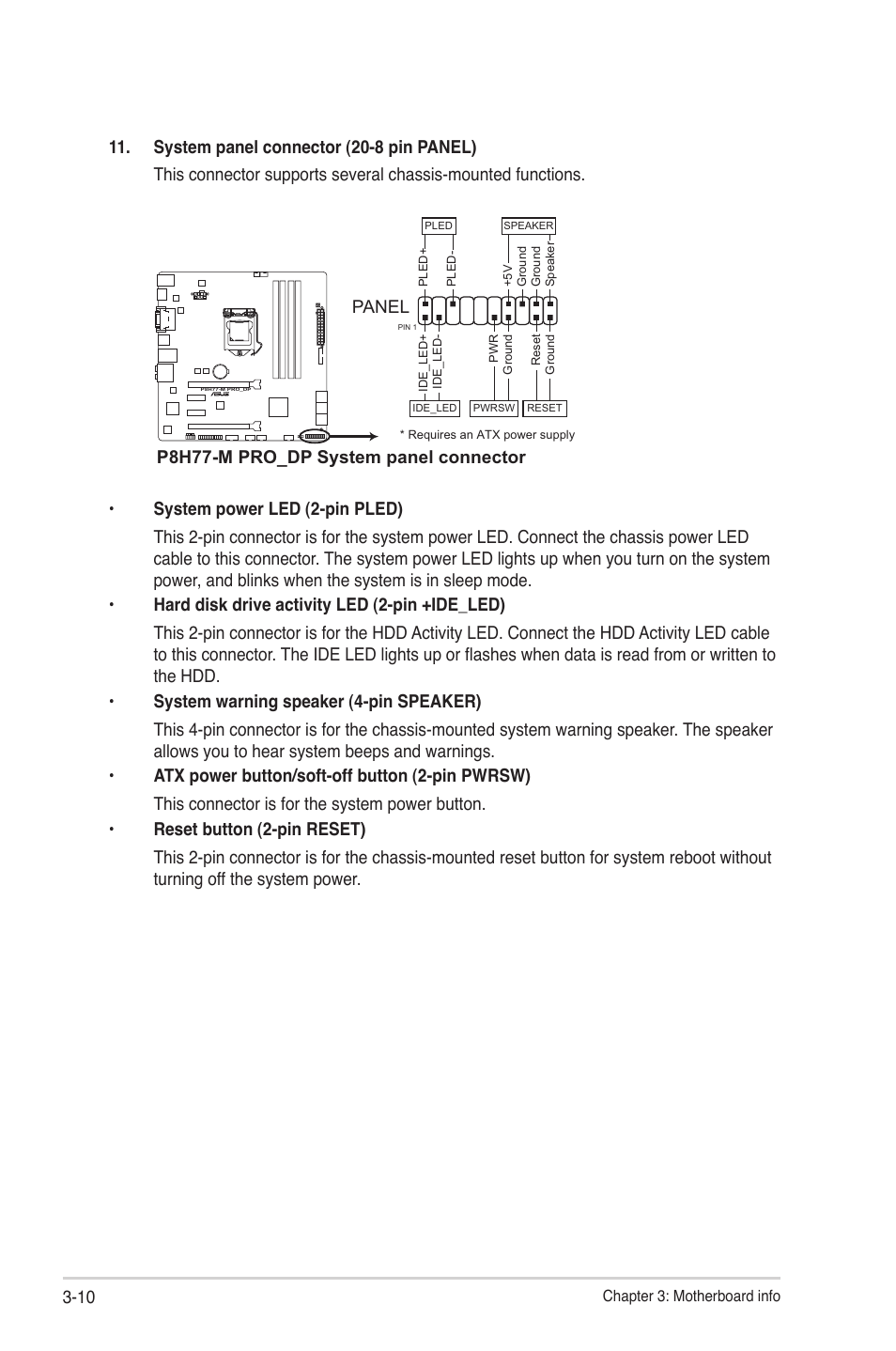 P8h77-m pro_dp system panel connector, Panel | Asus V9-P8H77E User Manual | Page 62 / 90