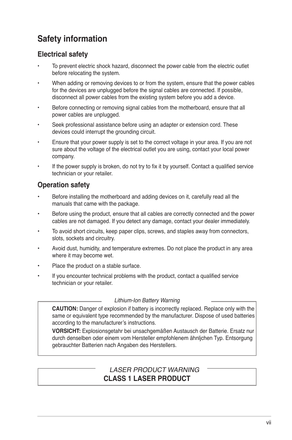 Safety information, Electrical safety, Operation safety | Class 1 laser product | Asus V9-P8H77E User Manual | Page 7 / 90