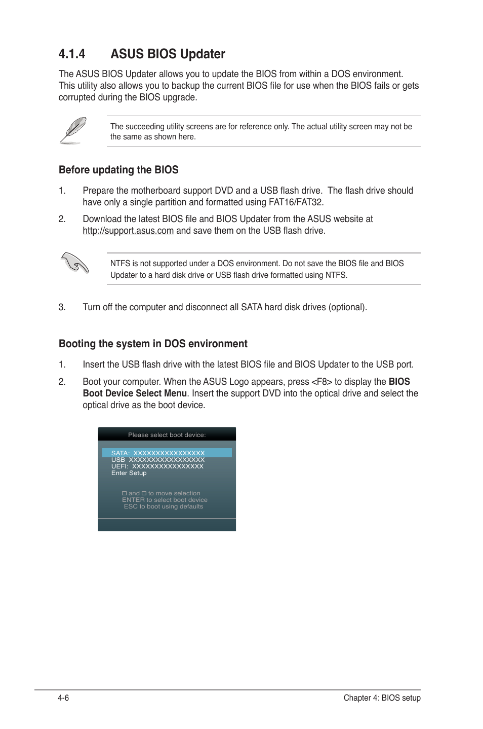 4 asus bios updater, 4 asus bios updater -6, Before updating the bios | Booting the system in dos environment | Asus V9-P8H77E User Manual | Page 70 / 90