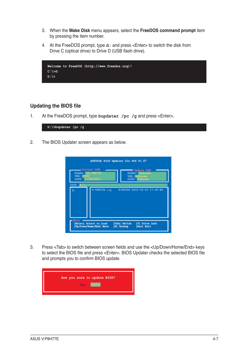 Updating the bios file | Asus V9-P8H77E User Manual | Page 71 / 90