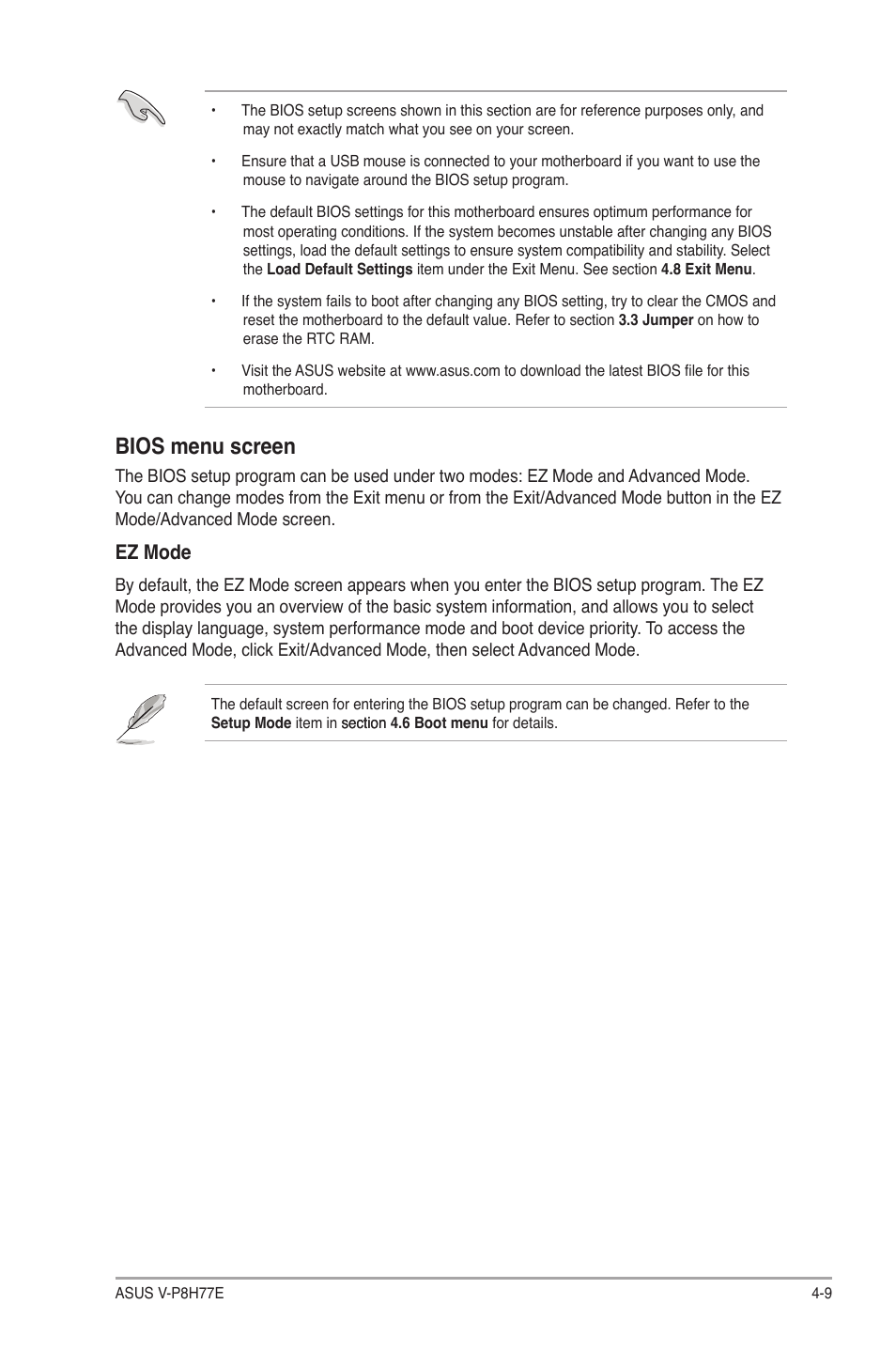 Bios menu screen, Ez mode | Asus V9-P8H77E User Manual | Page 73 / 90