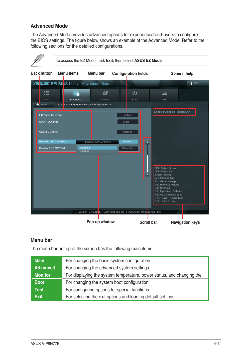 Advanced mode, Menu bar | Asus V9-P8H77E User Manual | Page 75 / 90