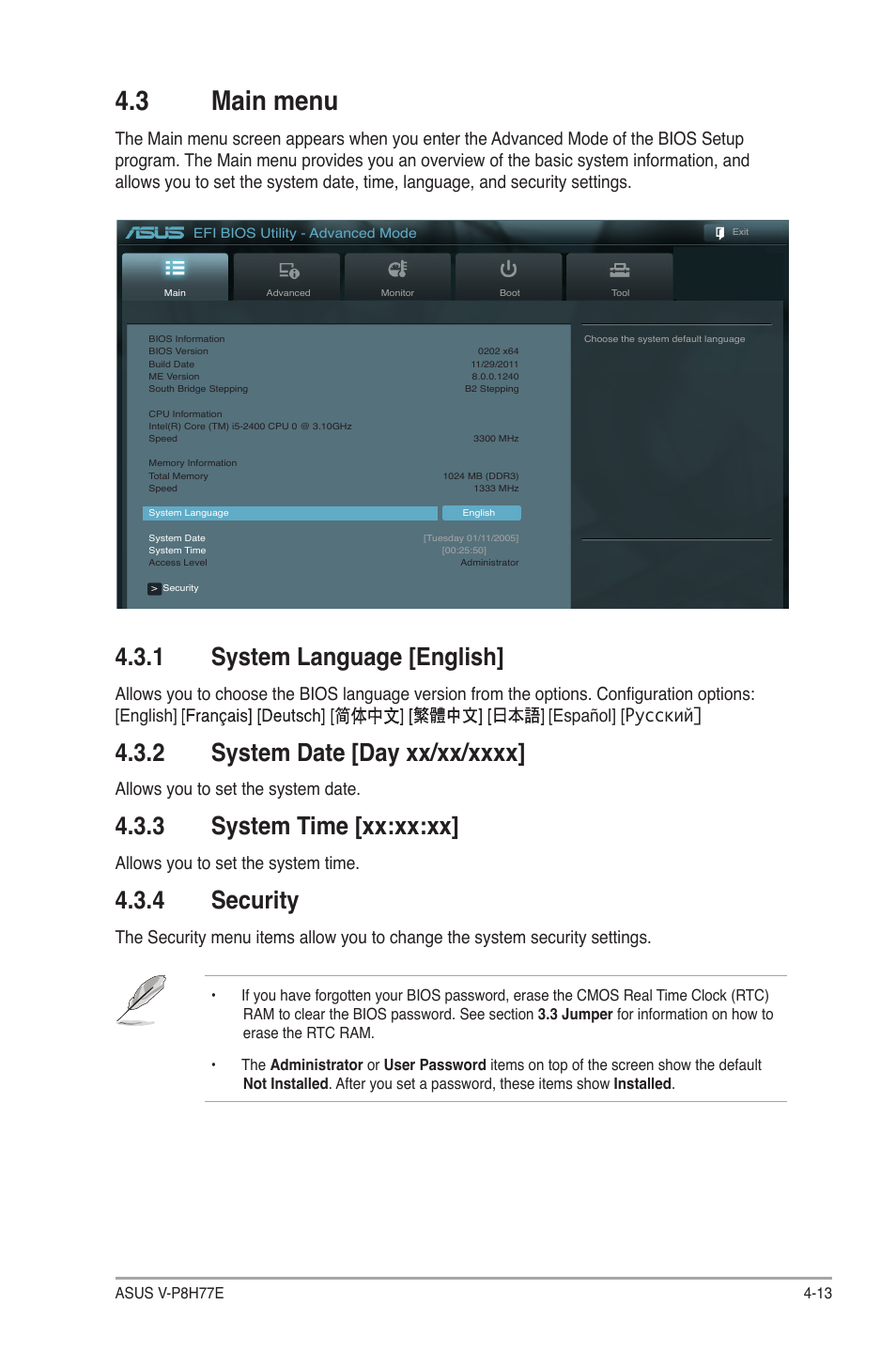 3 main menu, 1 system language [english, 2 system date [day xx/xx/xxxx | 3 system time [xx:xx:xx, 4 security, 3 main menu -13, Allows you to set the system date, Allows you to set the system time | Asus V9-P8H77E User Manual | Page 77 / 90