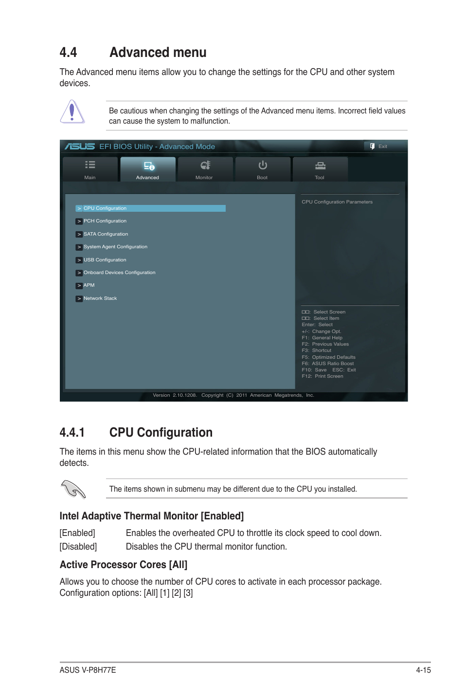 4 advanced menu, 1 cpu configuration, 4 advanced menu -15 | 1 cpu configuration -15, Intel adaptive thermal monitor [enabled, Active processor cores [all | Asus V9-P8H77E User Manual | Page 79 / 90