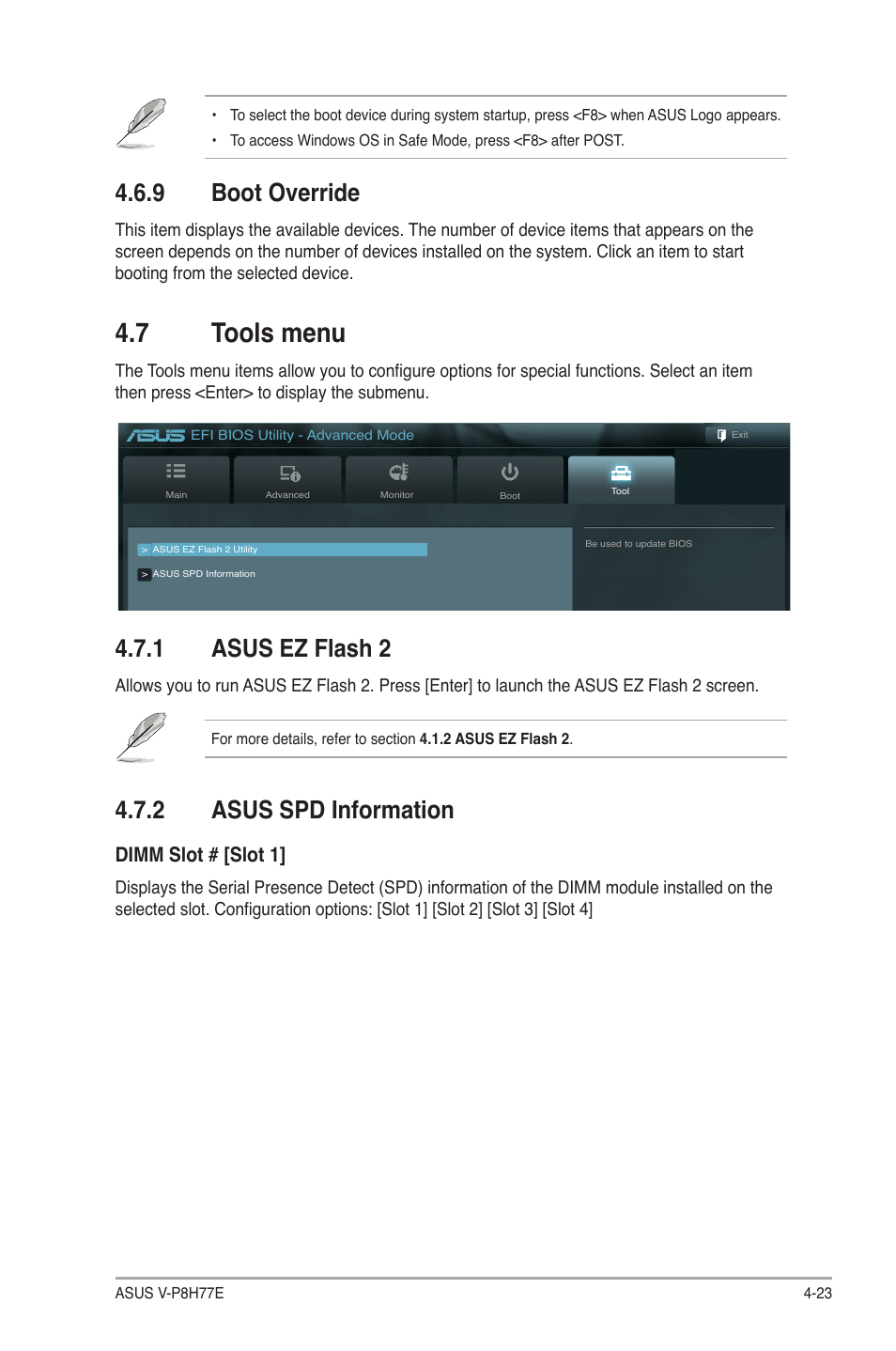 9 boot override, 7 tools menu, 1 asus ez flash 2 | 2 asus spd information, 9 boot override -23, 7 tools menu -23, Dimm slot # [slot 1 | Asus V9-P8H77E User Manual | Page 87 / 90