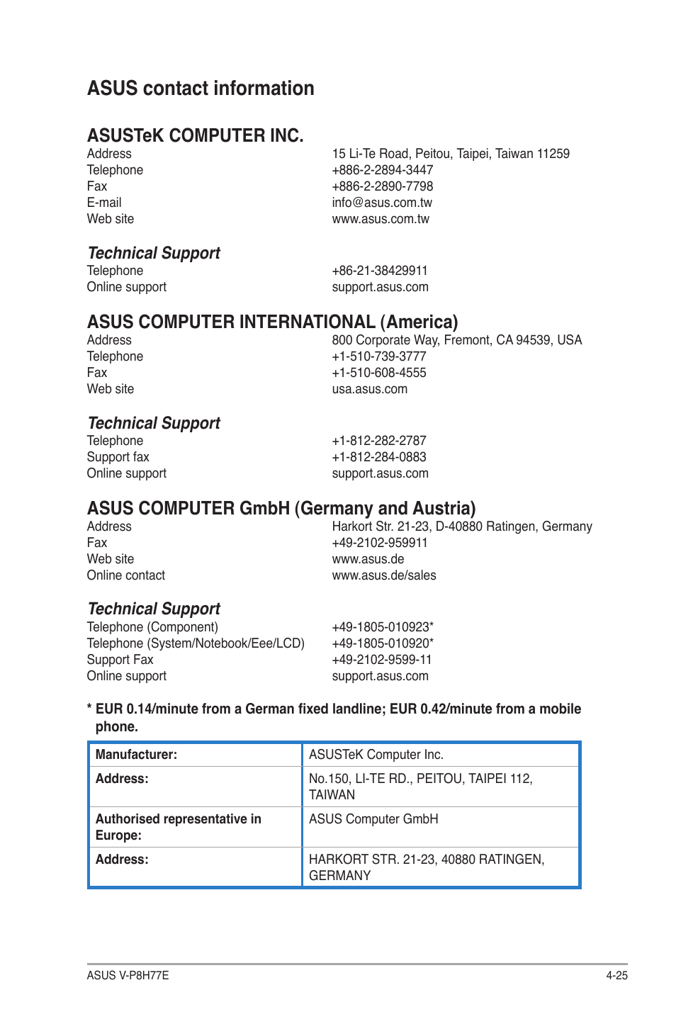 Asus contact information, Asustek computer inc, Asus computer international (america) | Asus computer gmbh (germany and austria), Technical support | Asus V9-P8H77E User Manual | Page 89 / 90