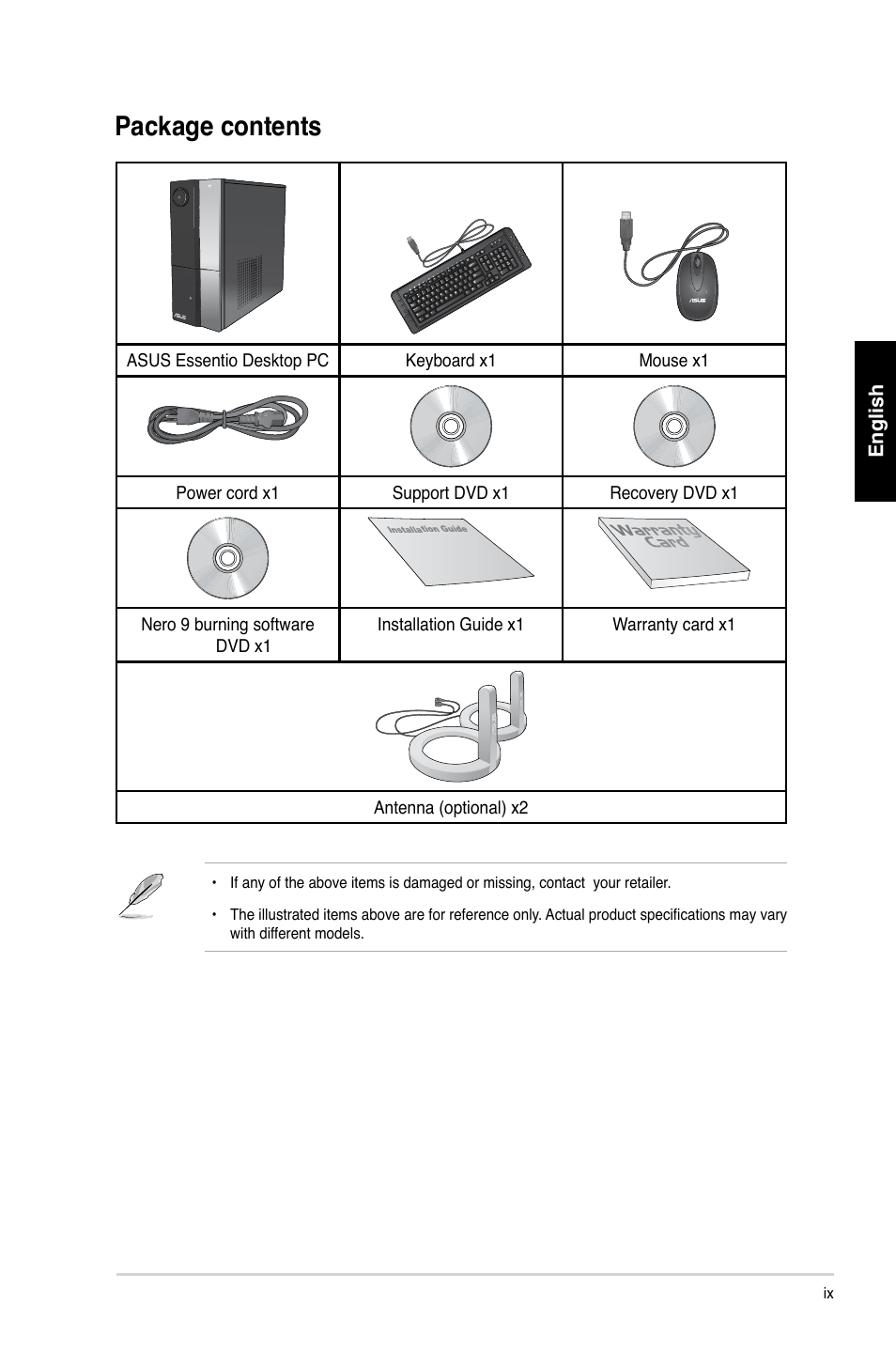 Package contents | Asus CP1130 User Manual | Page 10 / 214