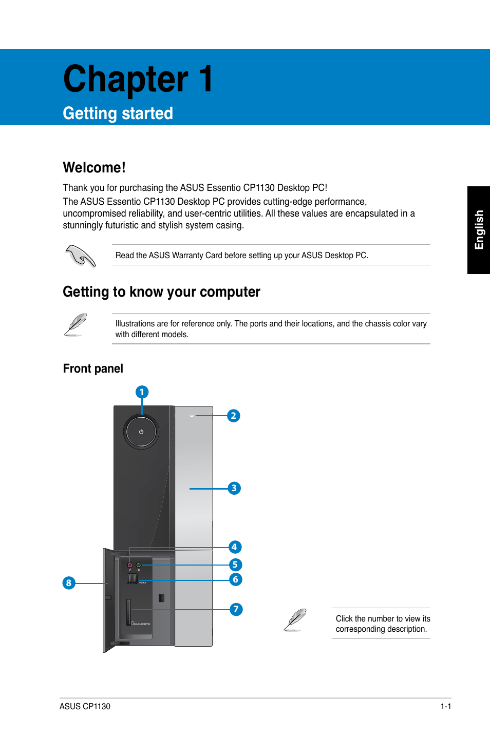 Chapter 1, Getting started, Getting to know your computer | Welcome | Asus CP1130 User Manual | Page 11 / 214