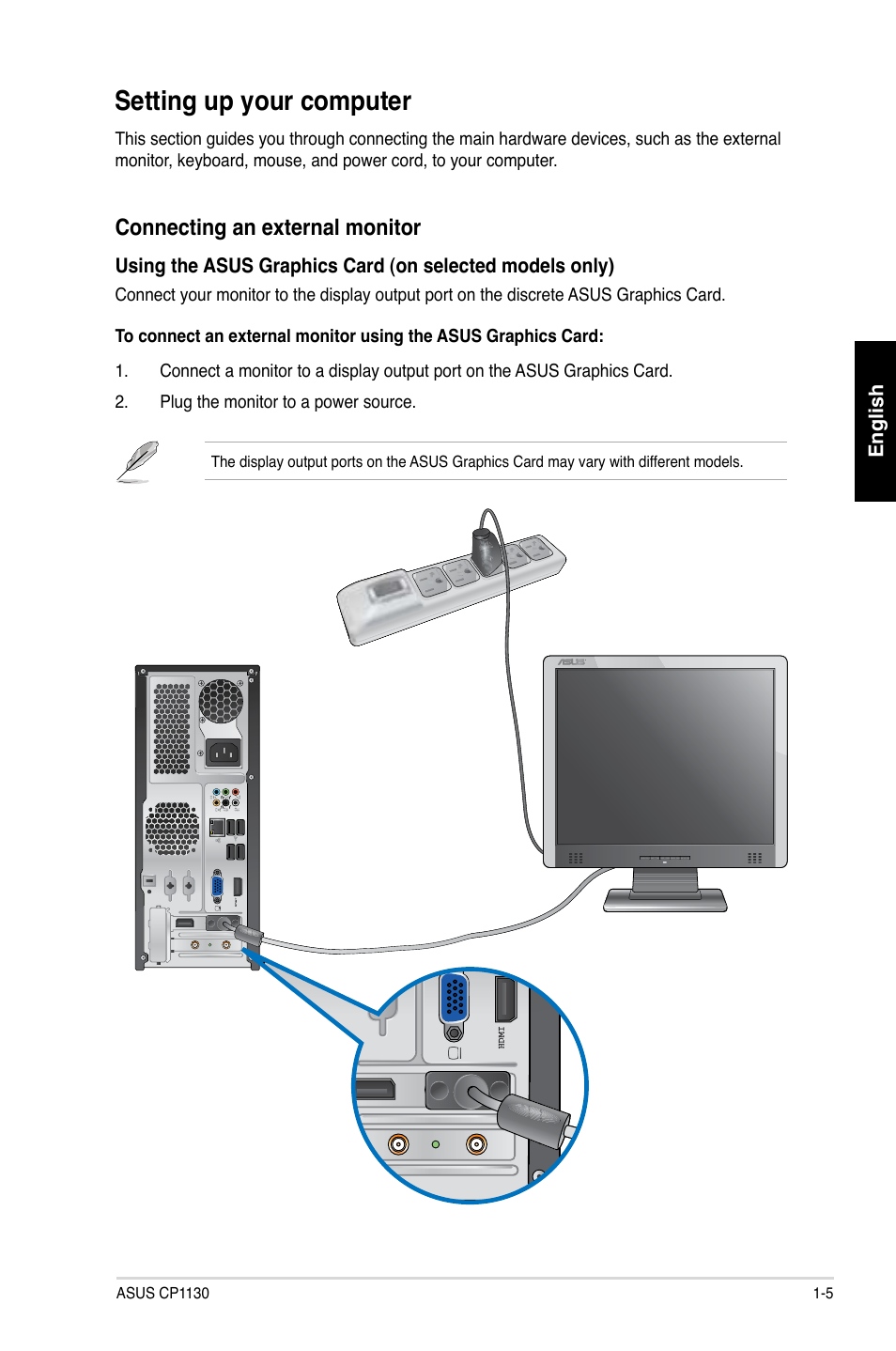 Setting up your computer, Connecting an external monitor | Asus CP1130 User Manual | Page 15 / 214