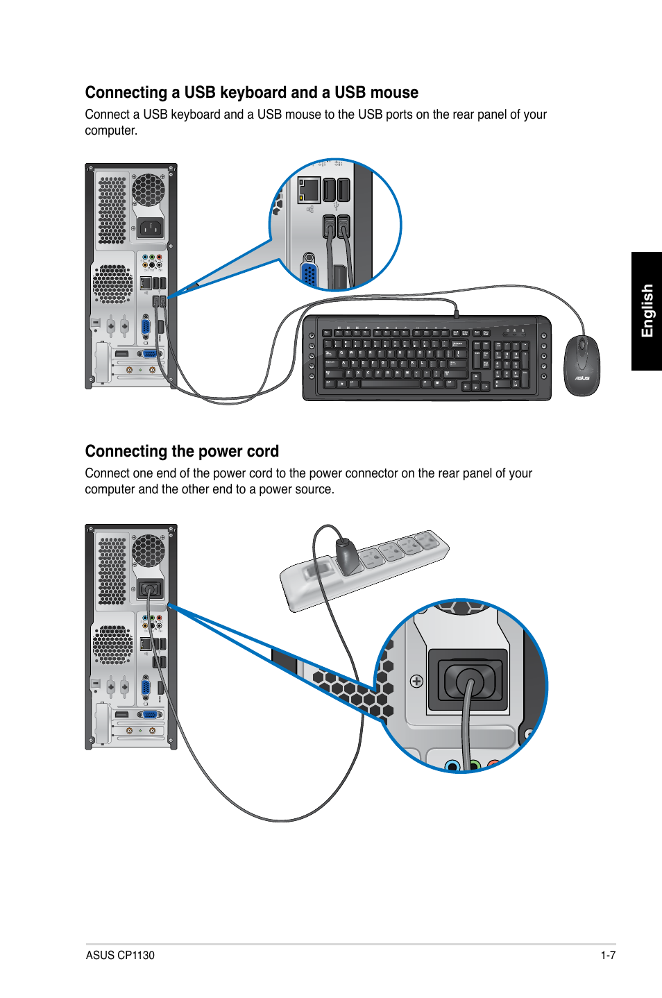 Connecting a usb keyboard and a usb mouse, Connecting the power cord | Asus CP1130 User Manual | Page 17 / 214