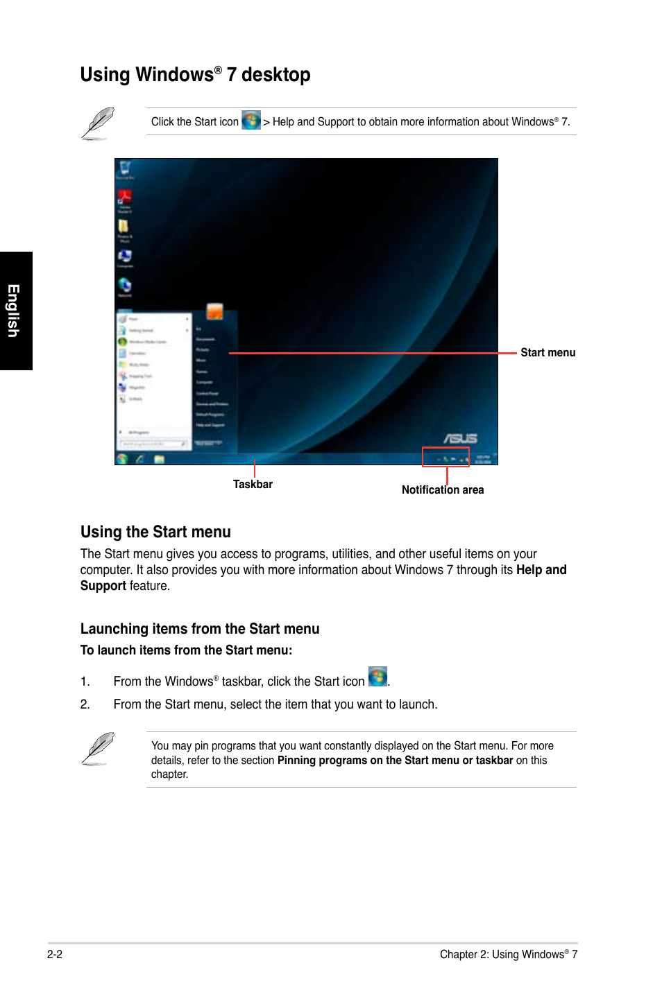 Using windows, 7 desktop, Using the start menu | Asus CP1130 User Manual | Page 20 / 214