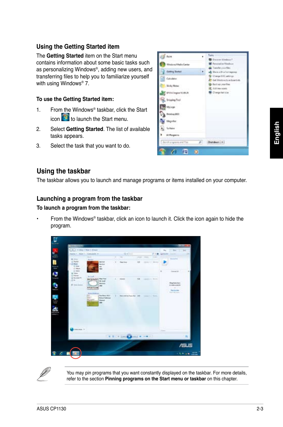 Using the taskbar | Asus CP1130 User Manual | Page 21 / 214