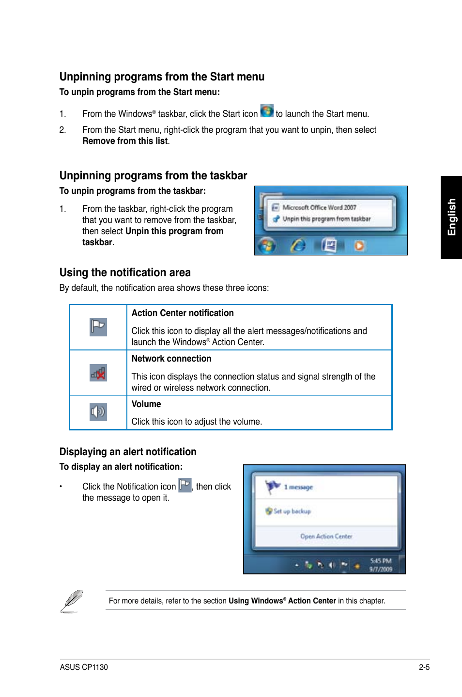 Unpinning programs from the start menu, Unpinning programs from the taskbar, Using the notification area | Asus CP1130 User Manual | Page 23 / 214