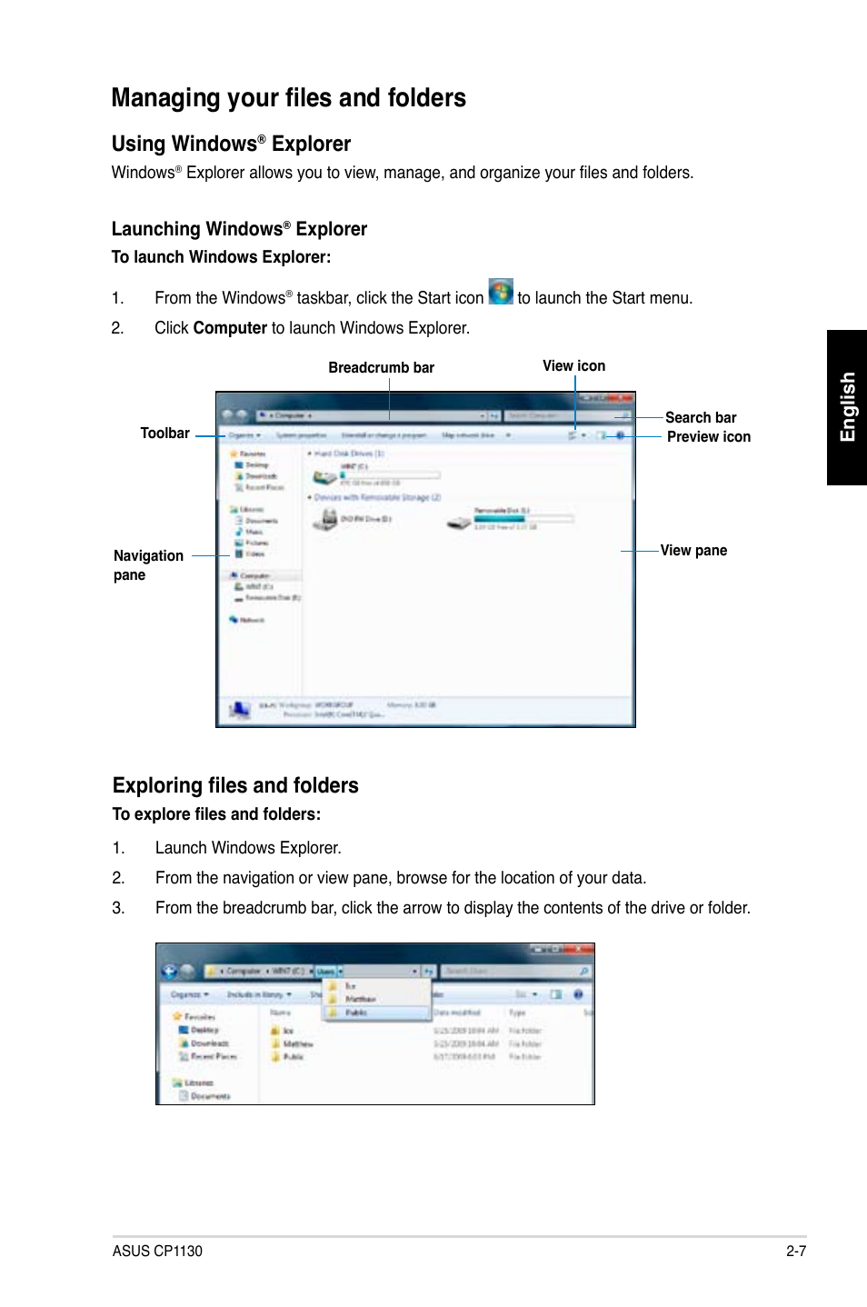 Managing your files and folders, Using windows, Explorer | Exploring files and folders | Asus CP1130 User Manual | Page 25 / 214