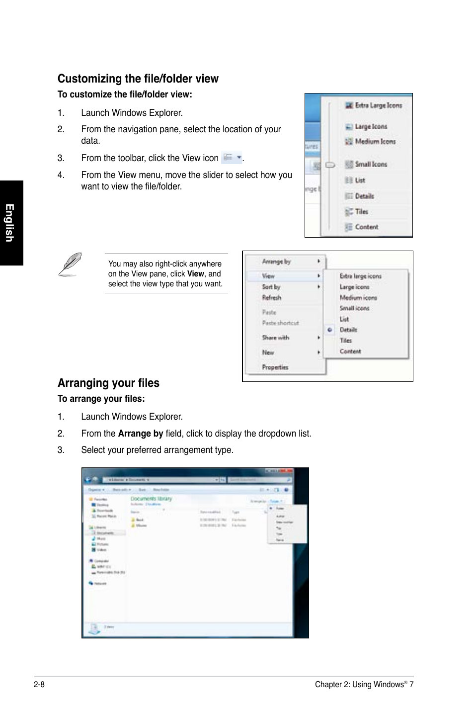 Customizing the file/folder view, Arranging your files | Asus CP1130 User Manual | Page 26 / 214