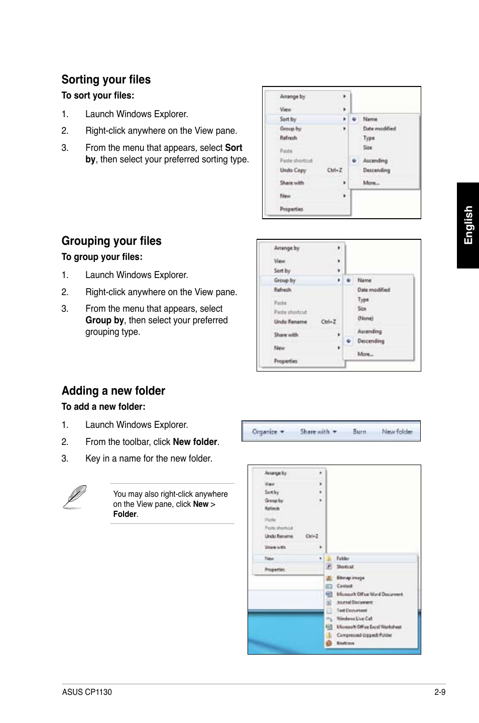 Sorting your files, Grouping your files, Adding a new folder | Asus CP1130 User Manual | Page 27 / 214