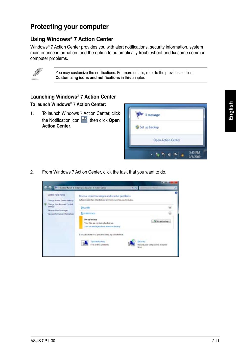 Protecting your computer, Using windows, 7 action center | Asus CP1130 User Manual | Page 29 / 214