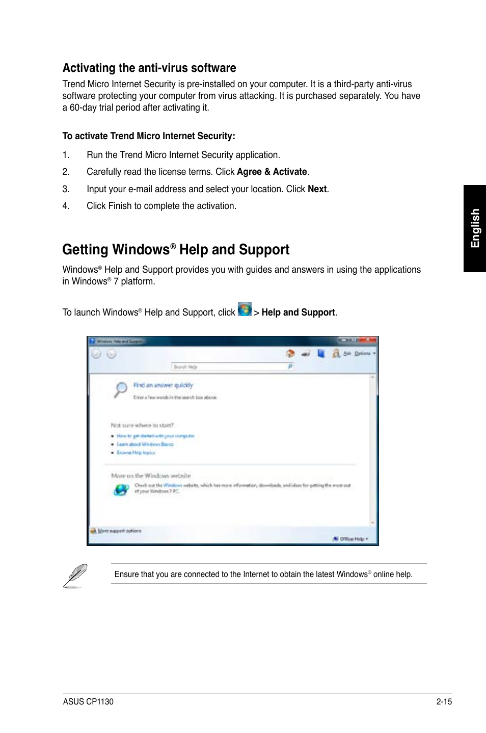 Getting windows, Help and support, Activating the anti-virus software | Asus CP1130 User Manual | Page 33 / 214
