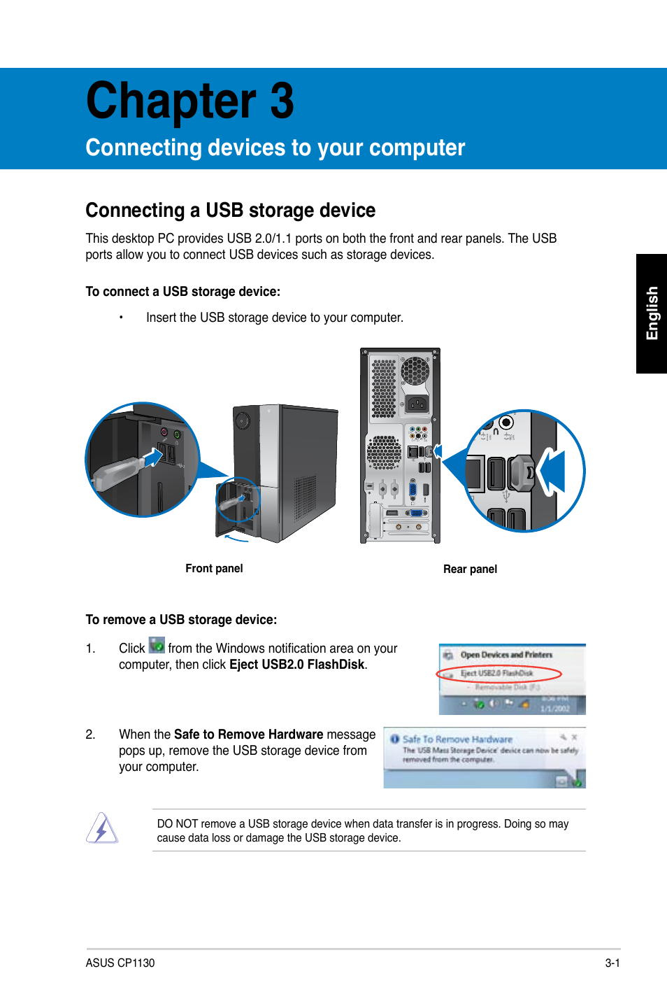 Chapter 3, Connecting devices to your computer, Connecting a usb storage device | Asus CP1130 User Manual | Page 34 / 214