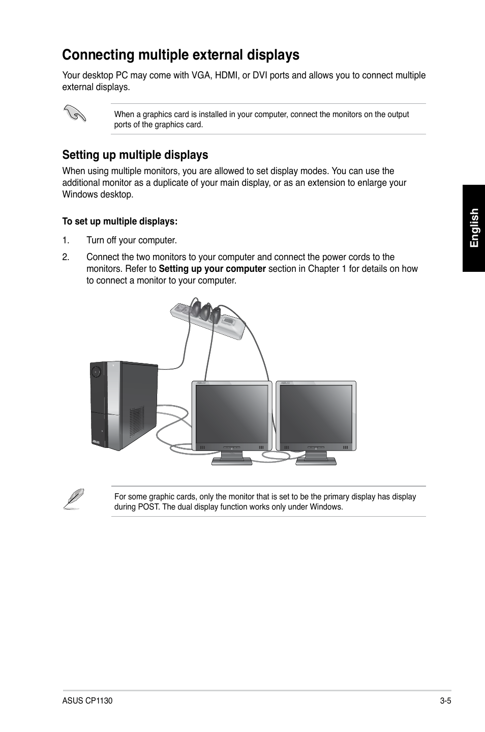 Connecting multiple external displays, Setting up multiple displays | Asus CP1130 User Manual | Page 38 / 214