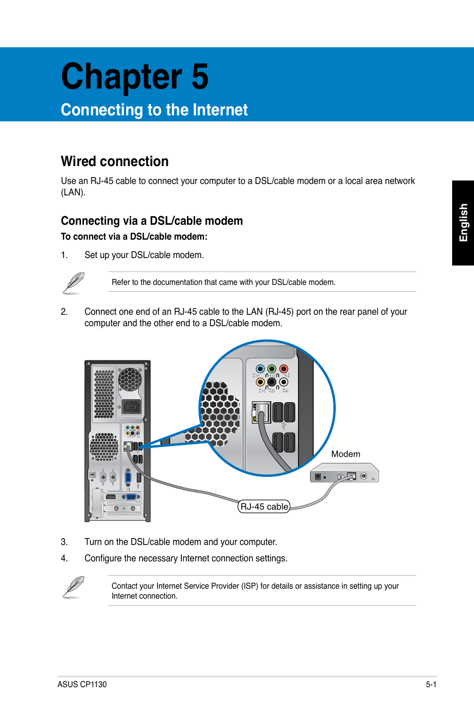 Chapter 5, Connecting to the internet, Wired connection | Asus CP1130 User Manual | Page 45 / 214