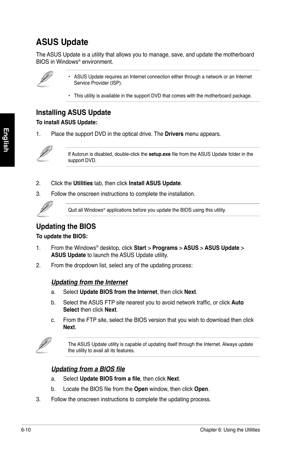 Asus update, Installing asus update, Updating the bios | Asus CP1130 User Manual | Page 59 / 214