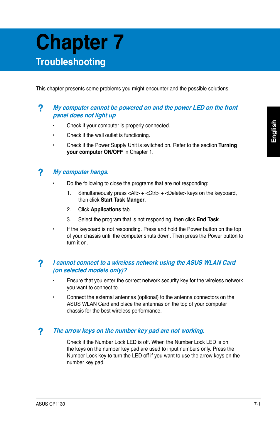 Chapter 7, Troubleshooting | Asus CP1130 User Manual | Page 67 / 214