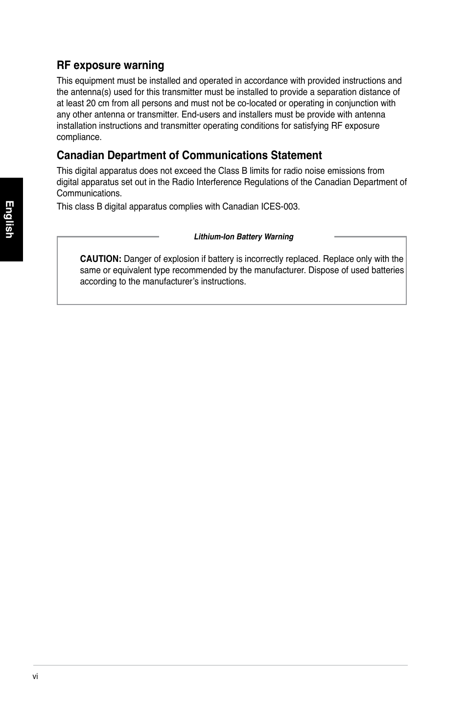 Rf exposure warning, Canadian department of communications statement | Asus CP1130 User Manual | Page 7 / 214