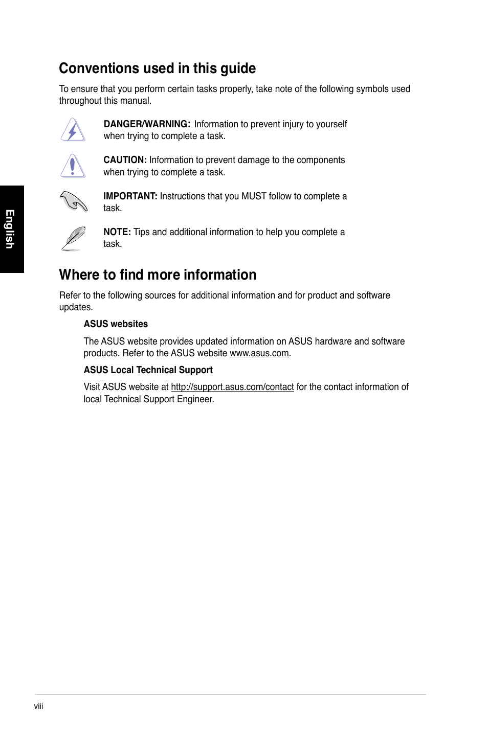 Conventions used in this guide, Where to find more information | Asus CP1130 User Manual | Page 9 / 214