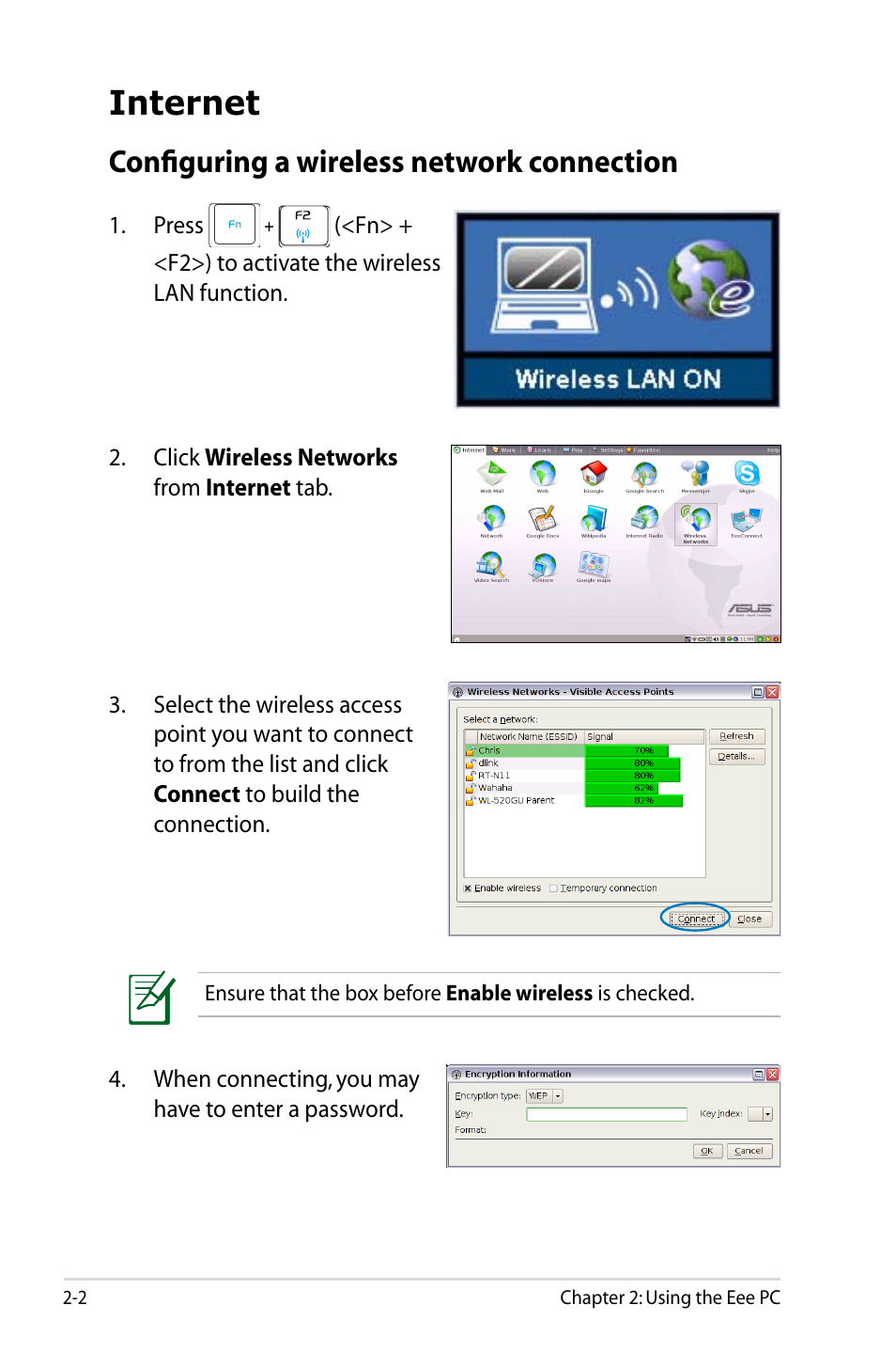 Internet, Configuring a wireless network connection | Asus Eee PC 904HD/Linux User Manual | Page 10 / 86