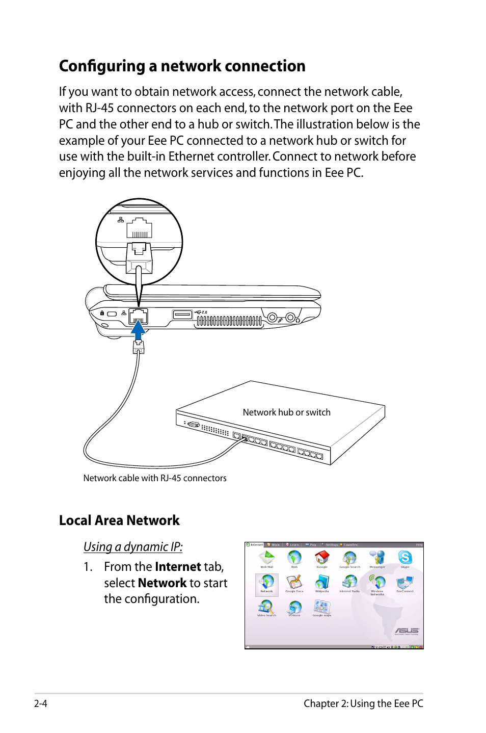 Configuring a network connection, Local area network | Asus Eee PC 904HD/Linux User Manual | Page 12 / 86