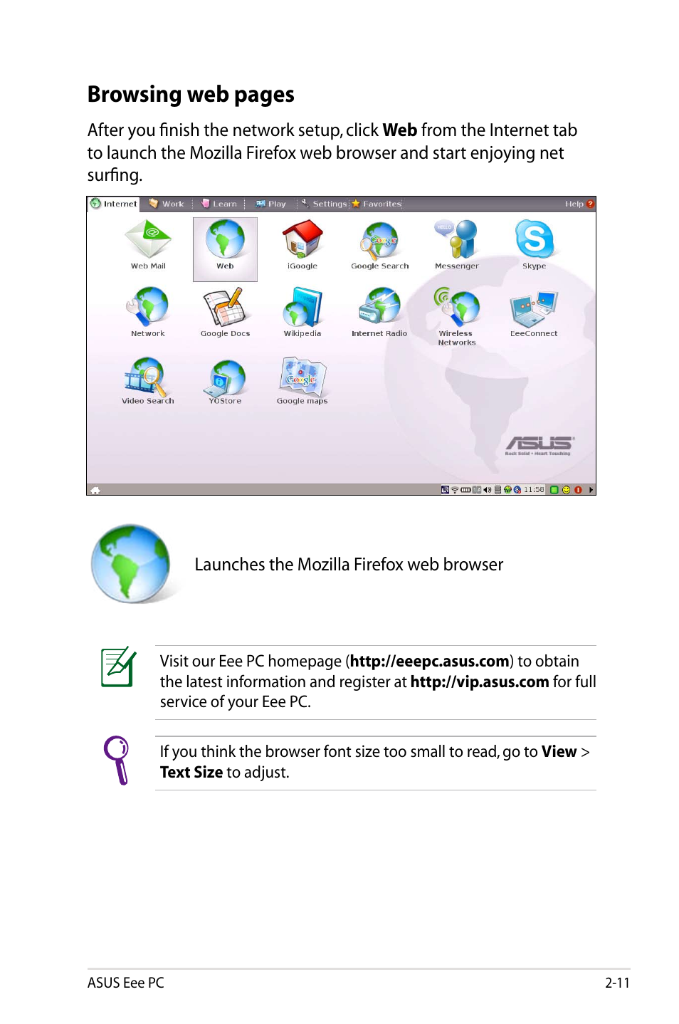 Browsing web pages | Asus Eee PC 904HD/Linux User Manual | Page 19 / 86
