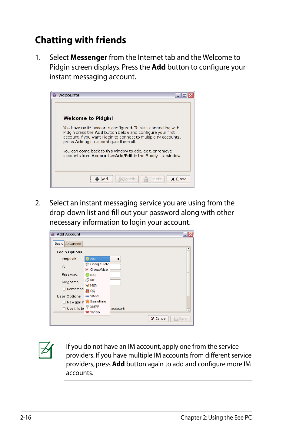 Chatting with friends | Asus Eee PC 904HD/Linux User Manual | Page 24 / 86