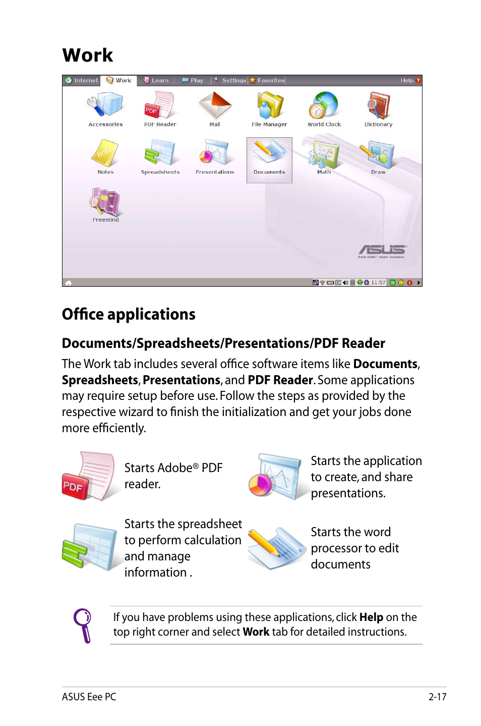 Work, Office applications | Asus Eee PC 904HD/Linux User Manual | Page 25 / 86