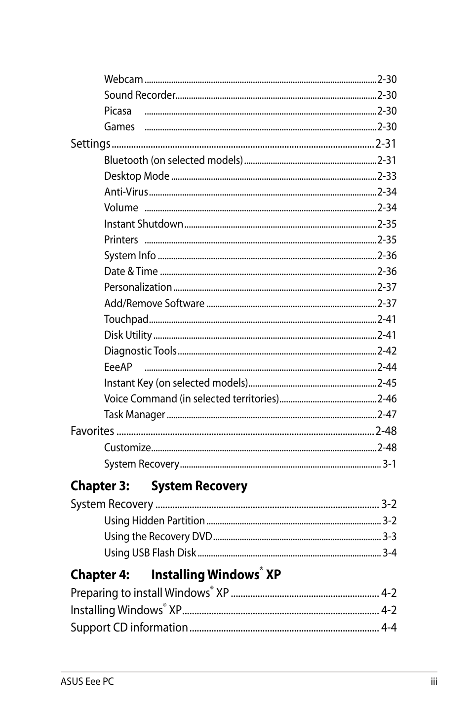 Chapter 3: system recovery, Chapter 4: installing windows | Asus Eee PC 904HD/Linux User Manual | Page 3 / 86