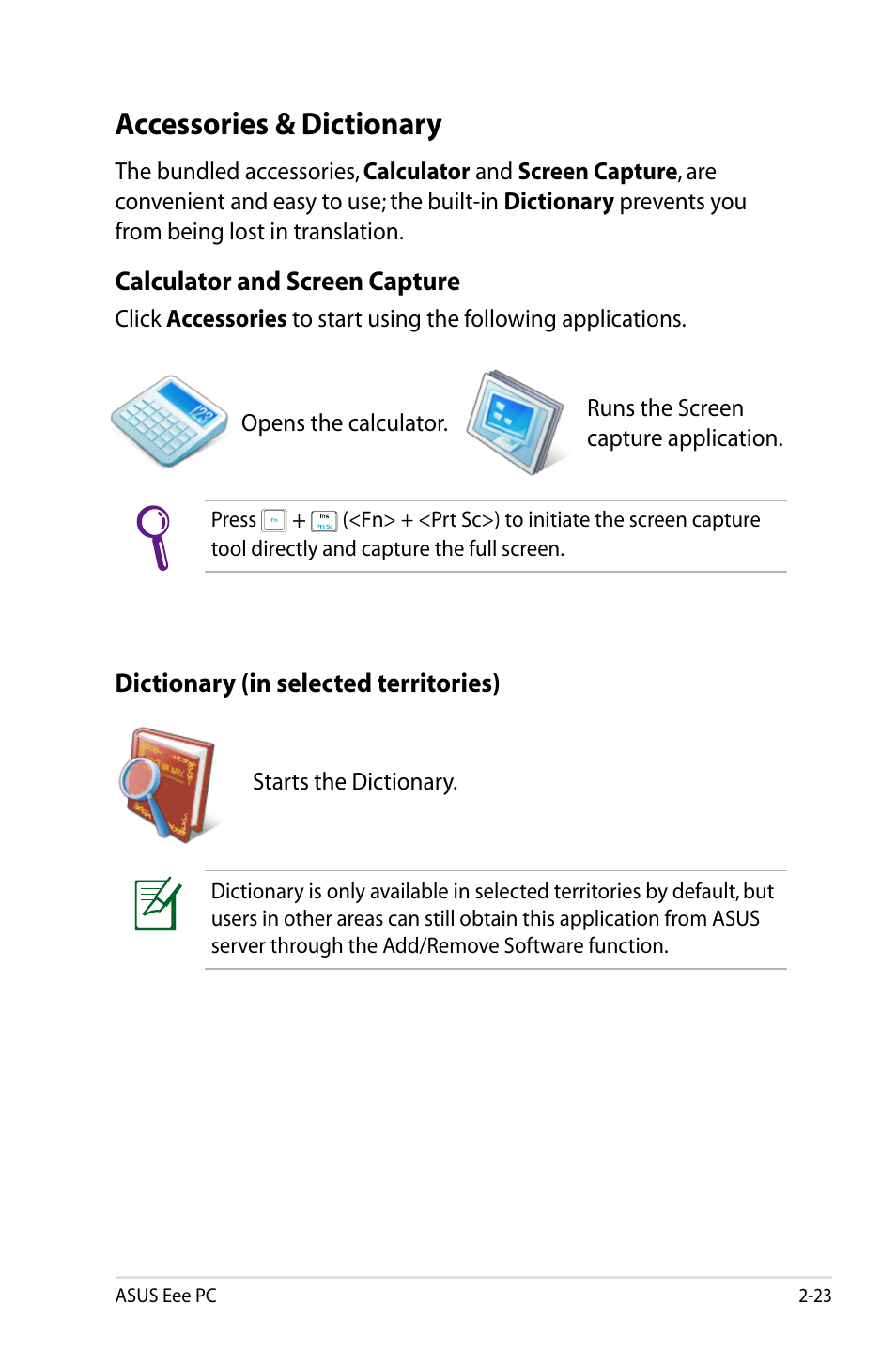 Accessories & dictionary | Asus Eee PC 904HD/Linux User Manual | Page 31 / 86