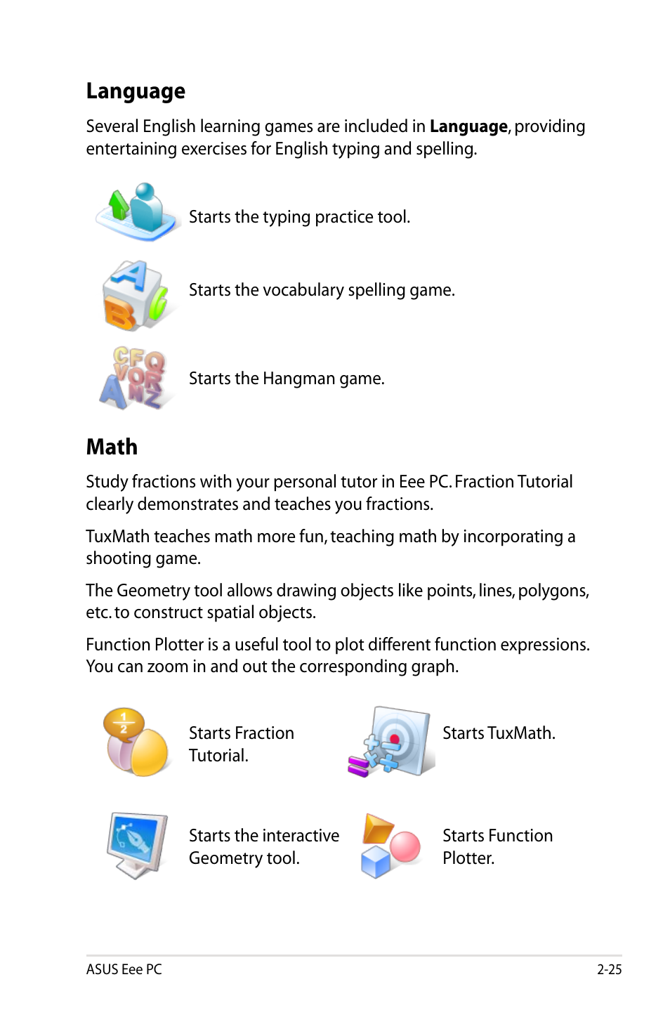 Language, Math | Asus Eee PC 904HD/Linux User Manual | Page 33 / 86