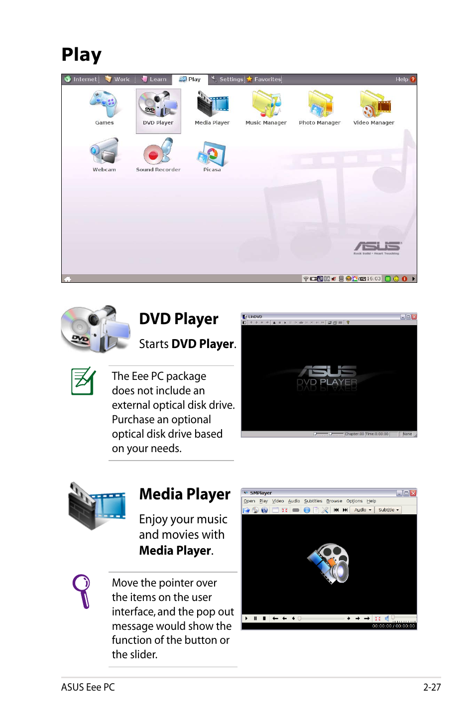 Play, Dvd player, Media player | Asus Eee PC 904HD/Linux User Manual | Page 35 / 86