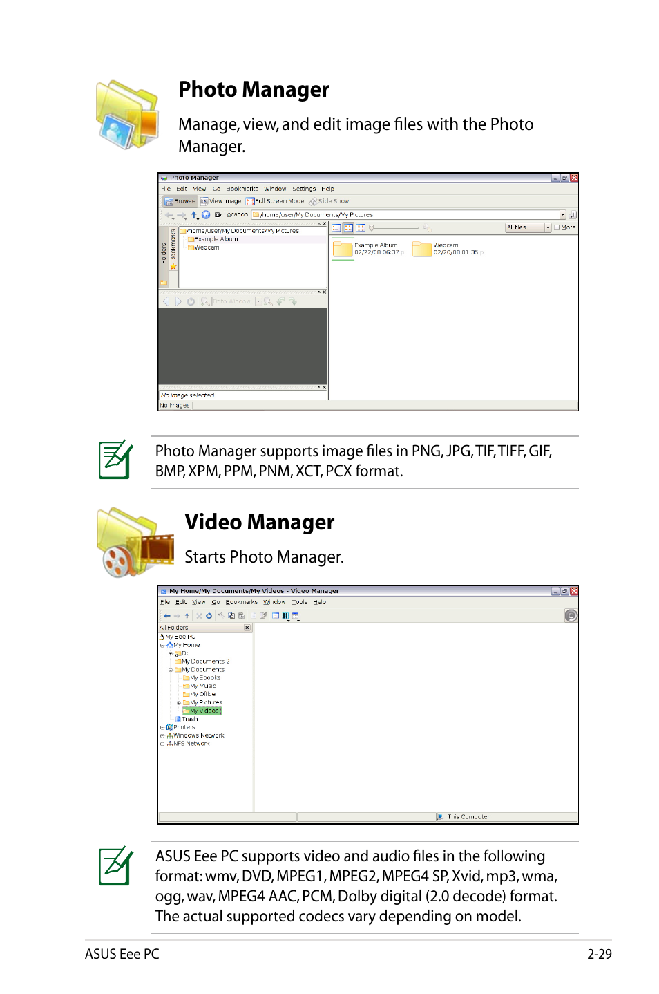 Photo manager, Video manager | Asus Eee PC 904HD/Linux User Manual | Page 37 / 86