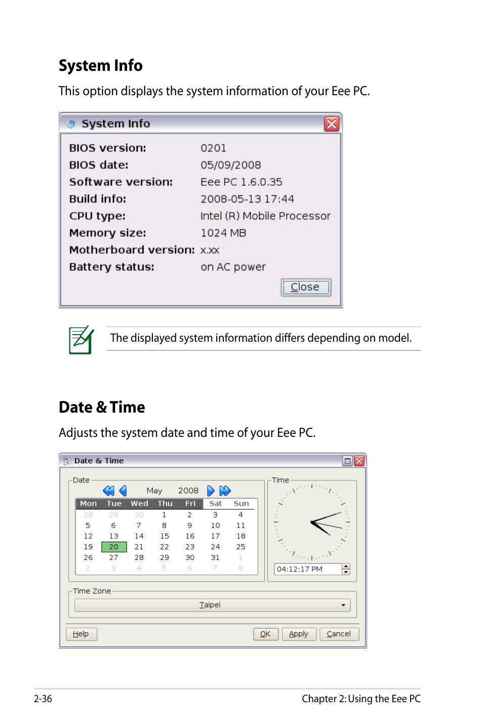 System info, Date & time | Asus Eee PC 904HD/Linux User Manual | Page 44 / 86