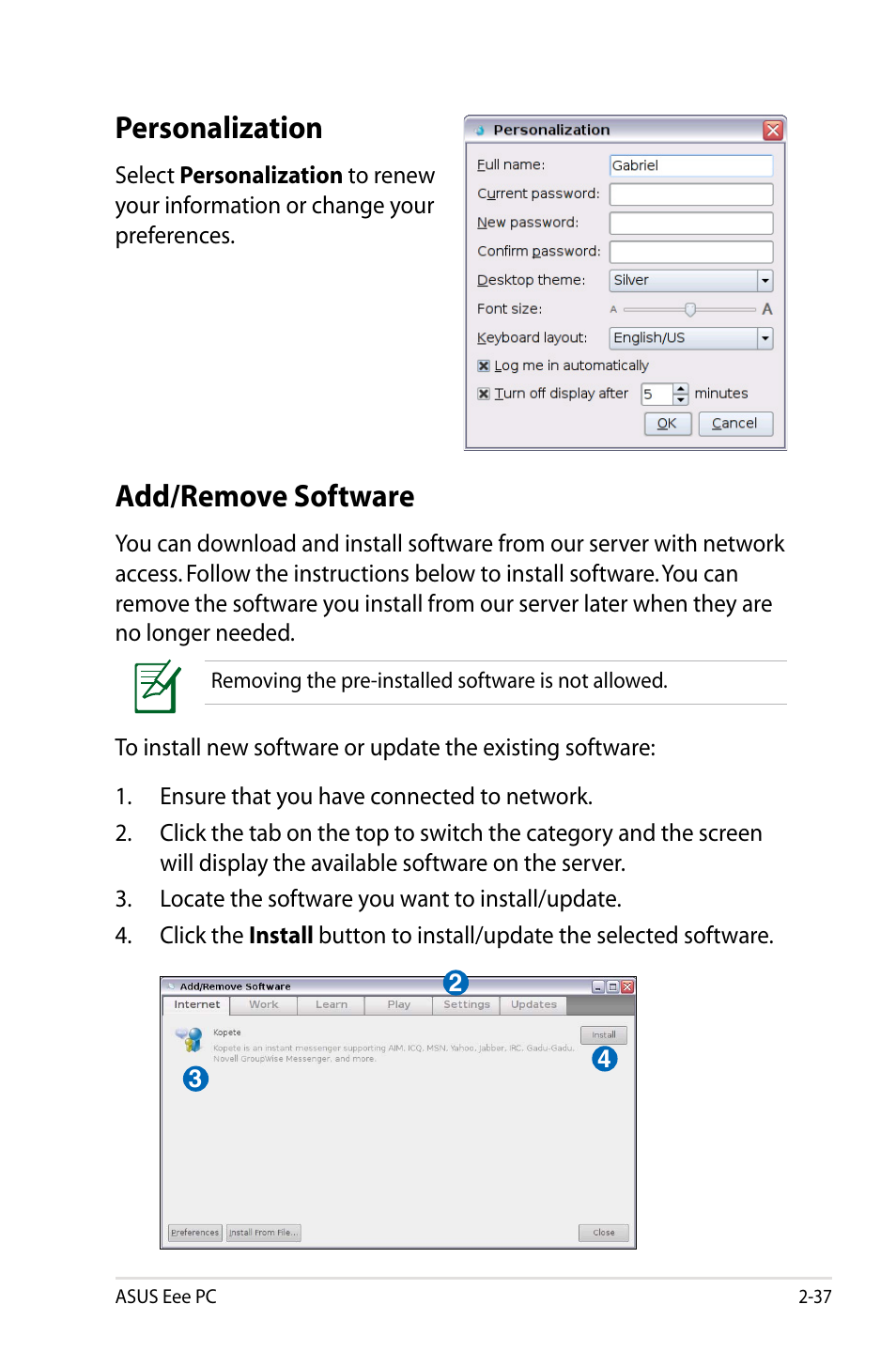 Personalization, Add/remove software | Asus Eee PC 904HD/Linux User Manual | Page 45 / 86